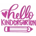 Hello kindergarten pencil embroidery design preview showing stitched lettering and pencil motif