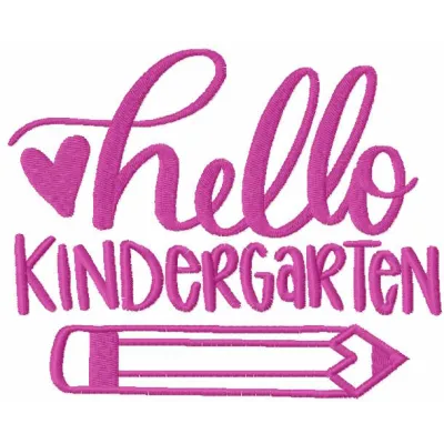 Hello kindergarten pencil embroidery design preview showing stitched lettering and pencil motif