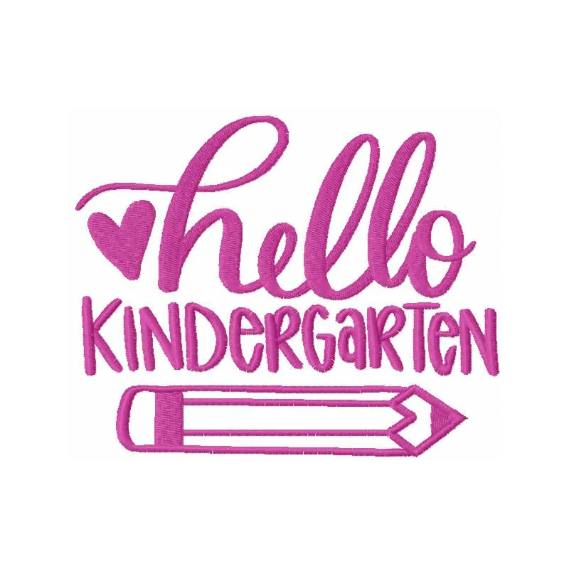 Hello kindergarten pencil embroidery design preview showing stitched lettering and pencil motif