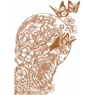 Wolf butterflies sketch embroidery design - Embroidery Design