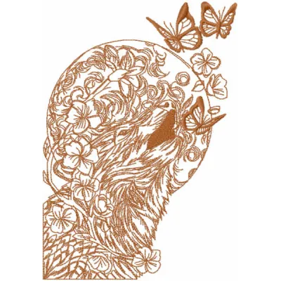Wolf butterflies sketch embroidery design preview showing detailed stitching pattern