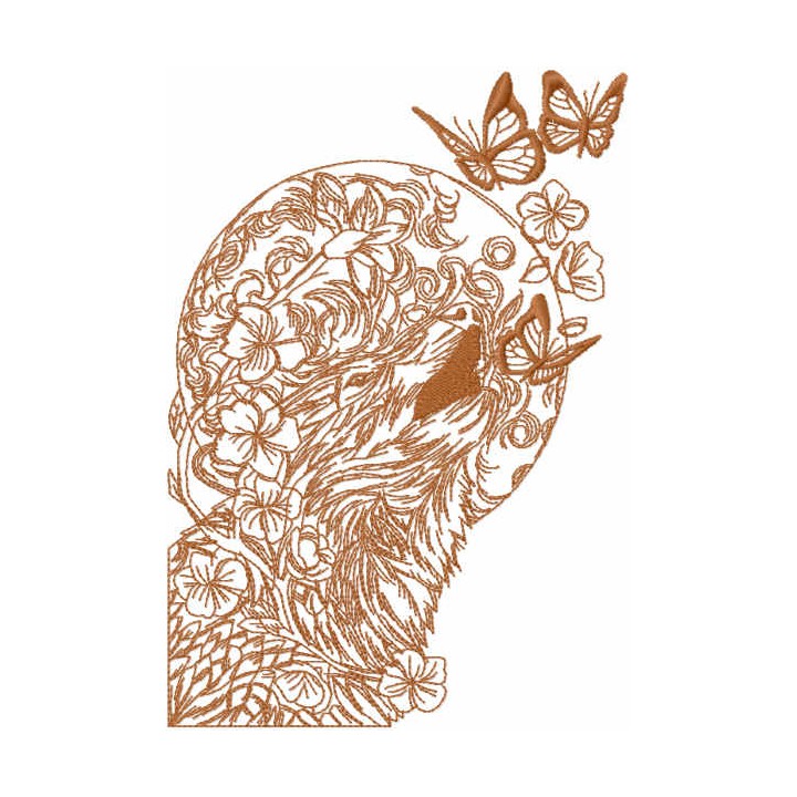 Wolf butterflies sketch embroidery design - Embroidery Design