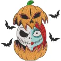 Jack and Sally nestled inside a large pumpkin embroidery design for stitching machines