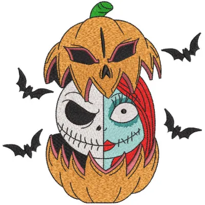 Jack and Sally nestled inside a large pumpkin embroidery design for stitching machines
