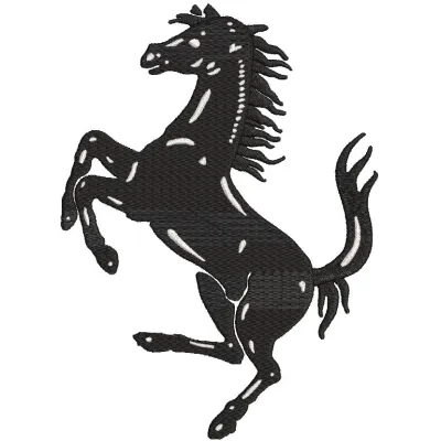 Ferrari horse logo embroidery design featuring the iconic prancing horse in vibrant colors on a textured background.