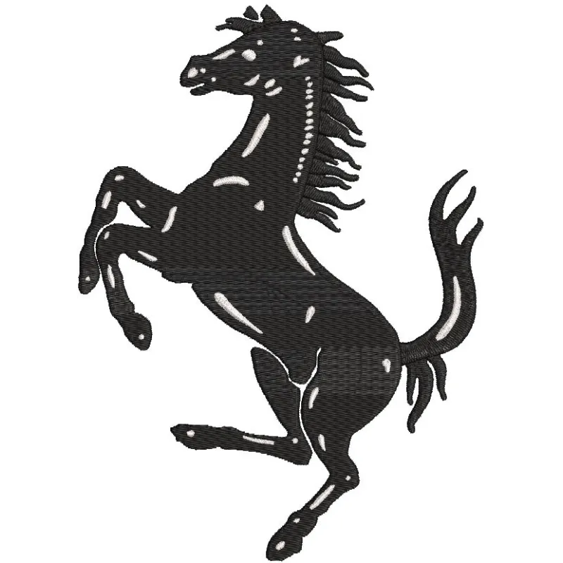 Ferrari horse logo embroidery design featuring the iconic prancing horse in vibrant colors on a textured background.