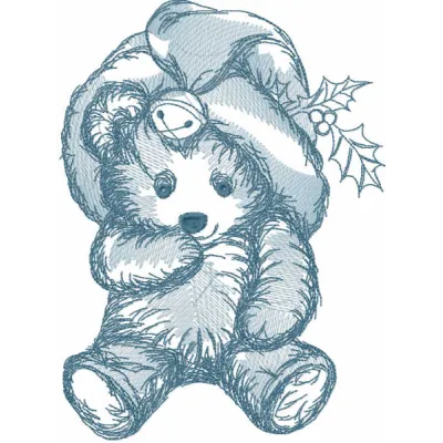 Bear toy embroidery design for Christmas projects in brown and festive colors