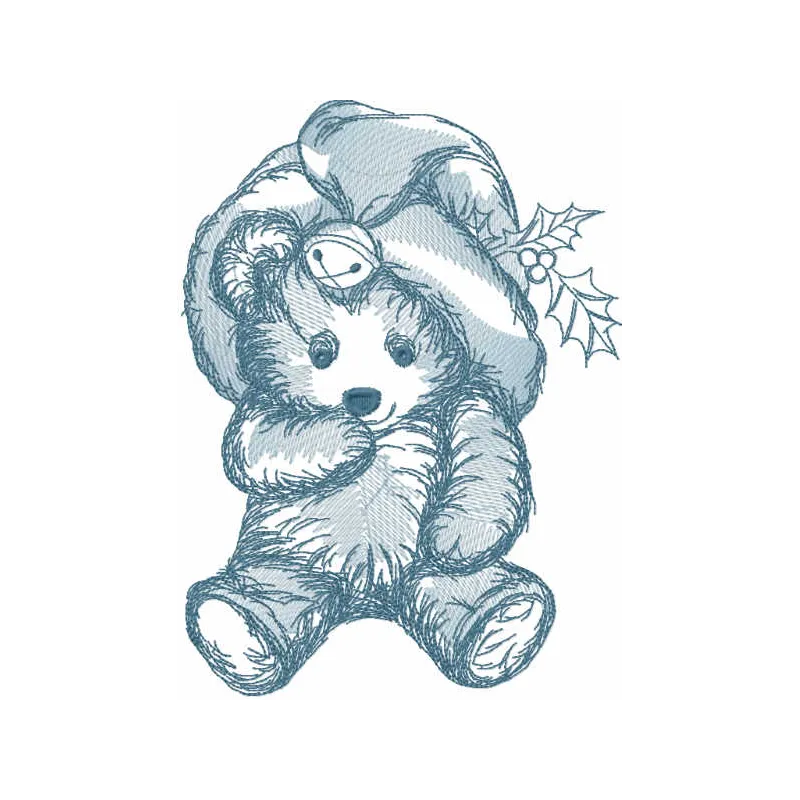 Bear toy embroidery design for Christmas projects in brown and festive colors
