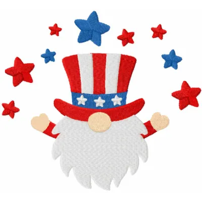 4th of July gnome embroidery design featuring a patriotic gnome with red, white and blue details