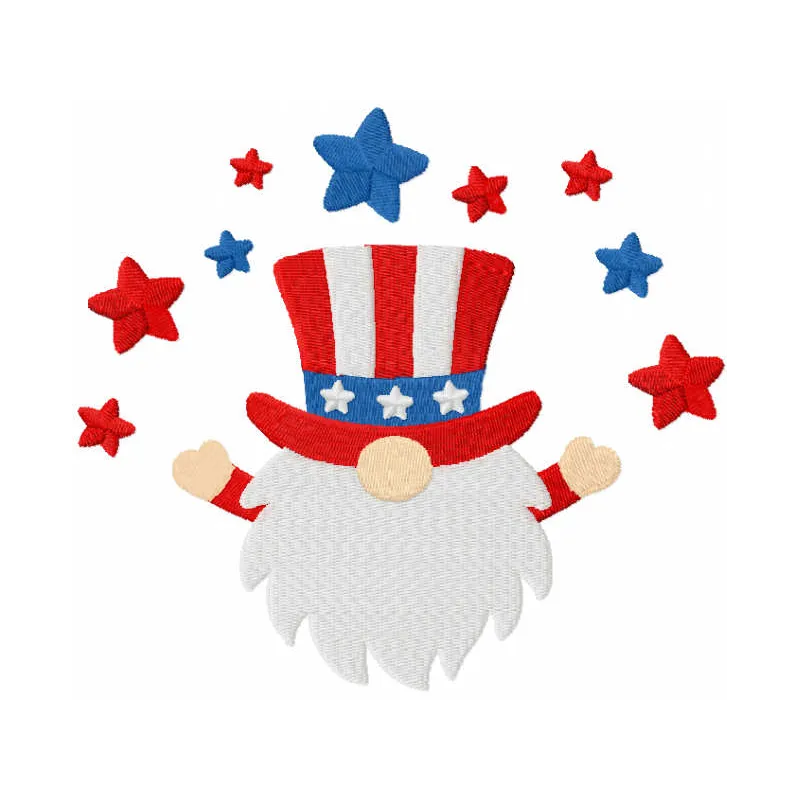 4th of July gnome embroidery design featuring a patriotic gnome with red, white and blue details