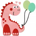 Dino with balloons embroidery design featuring a playful dinosaur surrounded by colorful balloons