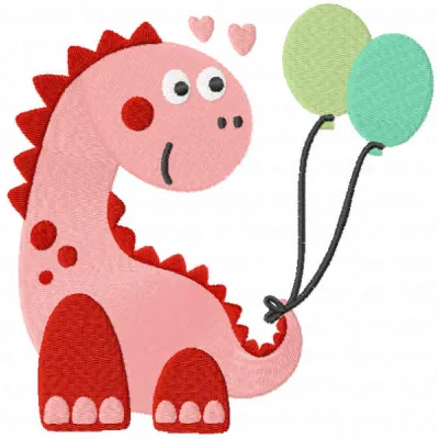 Dino with balloons embroidery design featuring a playful dinosaur surrounded by colorful balloons