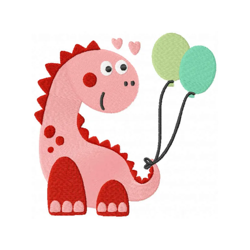 Dino with balloons embroidery design featuring a playful dinosaur surrounded by colorful balloons