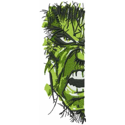 Incredible Hulk art half face embroidery design preview showing stitched green character portrait