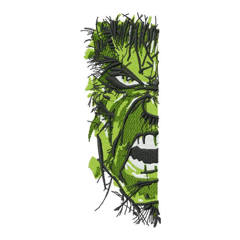 Incredible Hulk art half face embroidery design preview showing stitched green character portrait