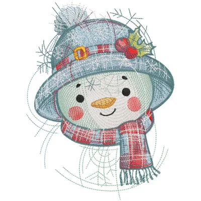 Bright snowman in a hat embroidery design featuring vibrant colors and detailed stitching on a soft fabric background.