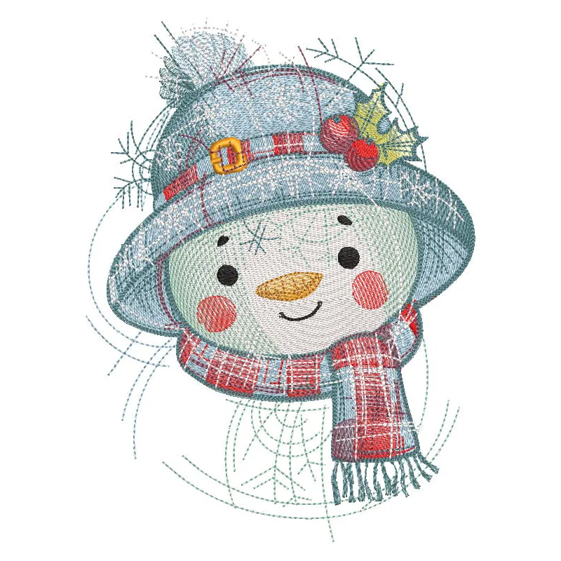 Bright snowman in a hat embroidery design featuring vibrant colors and detailed stitching on a soft fabric background.