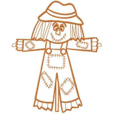 Garden patchwork scarecrow embroidery design with colorful stitched patches and straw details