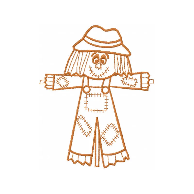 Garden patchwork scarecrow embroidery design with colorful stitched patches and straw details
