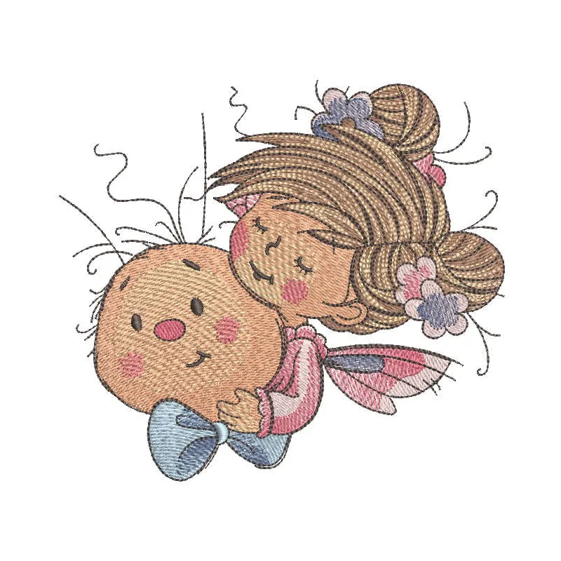 Fairy friends with snail embroidery design preview showing delicate stitched motif for baby items