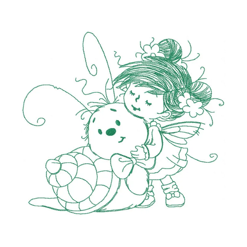 Fairy and snail one colored embroidery design preview for baby projects