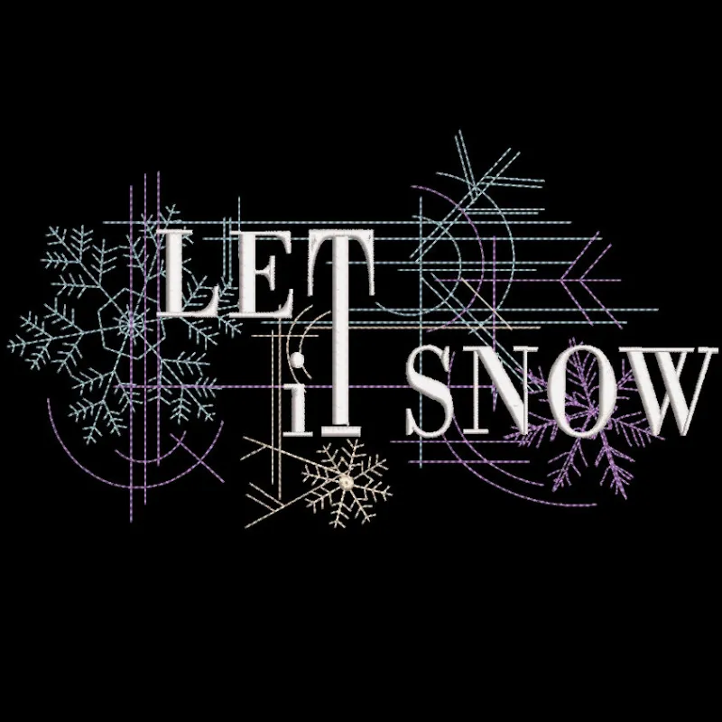 Embroidery design featuring the quote 'Let it snow' on a black background, showcasing elegant lettering.