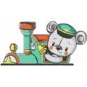 Teddy bear train driver embroidery design featuring a cute bear in engineer outfit