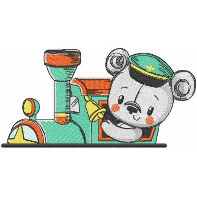 Teddy bear train driver embroidery design featuring a cute bear in engineer outfit