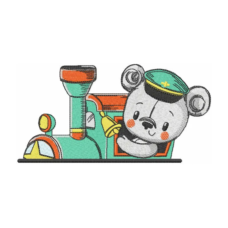 Teddy bear train driver embroidery design featuring a cute bear in engineer outfit