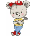 Teddy mechanic embroidery design featuring a cute bear character with tools and workshop details