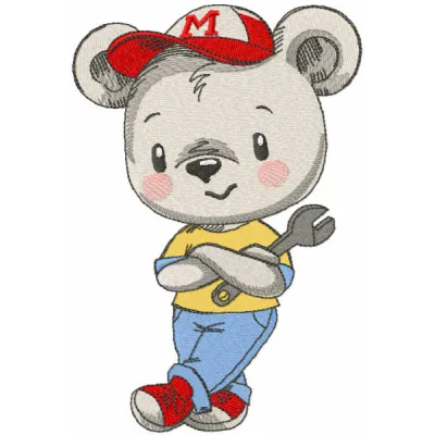 Teddy mechanic embroidery design featuring a cute bear character with tools and workshop details