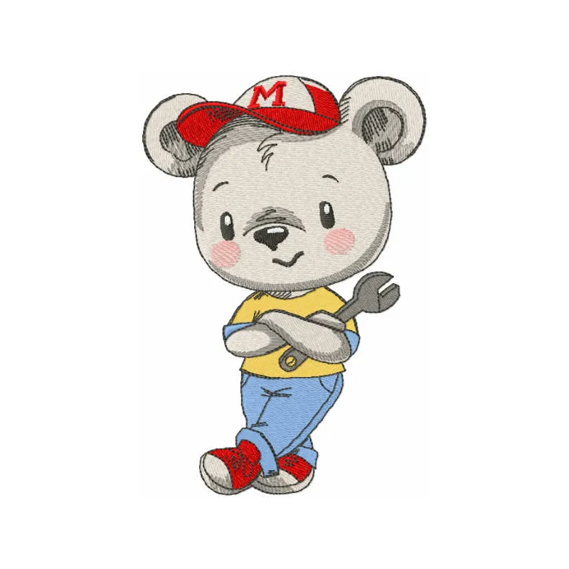 Teddy mechanic embroidery design featuring a cute bear character with tools and workshop details