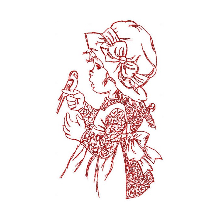 Retro girl playing with bird embroidery design - Embroidery Design