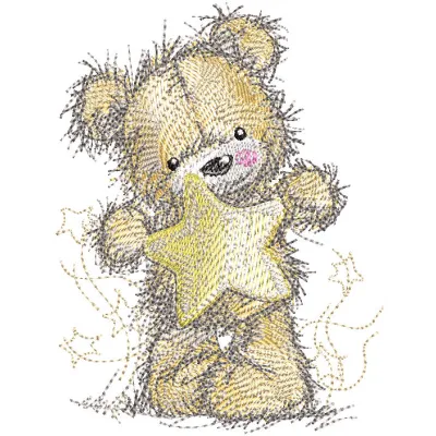 Soft teddy bear featuring a gold star embroidery design, positioned upright against a plain background.