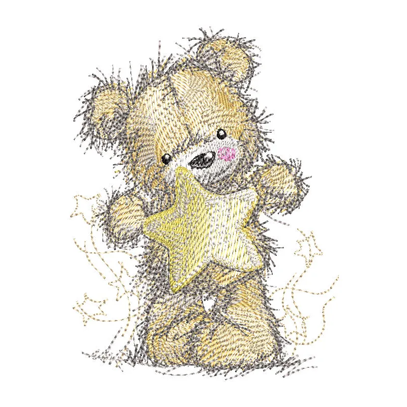 Soft teddy bear featuring a gold star embroidery design, positioned upright against a plain background.