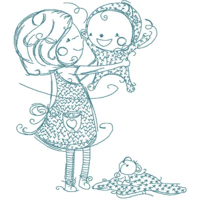 Sister and brother embroidery design preview showing stitched motif for baby clothing