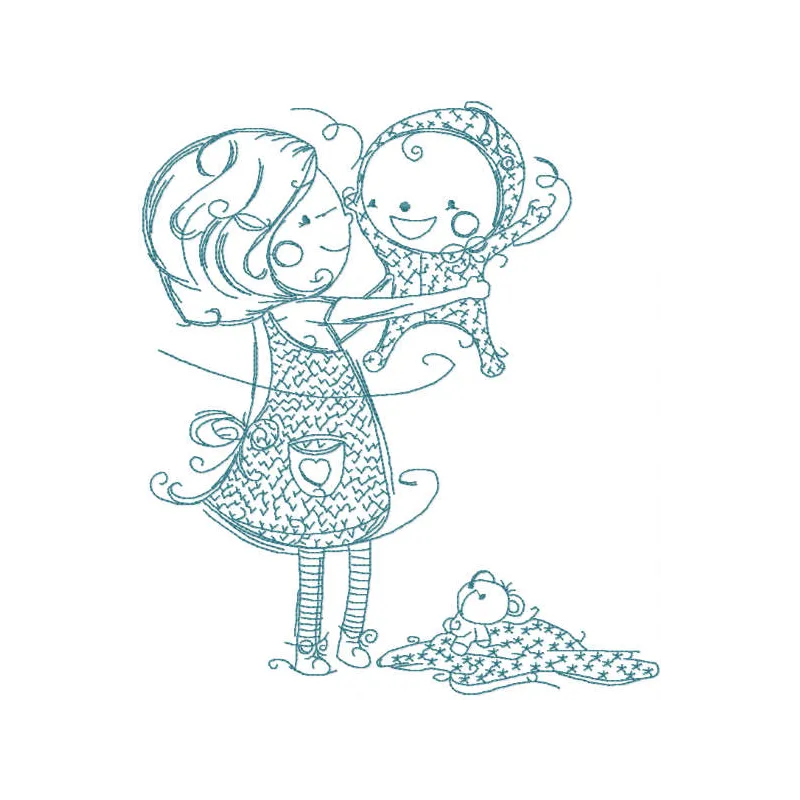 Sister and brother embroidery design preview showing stitched motif for baby clothing