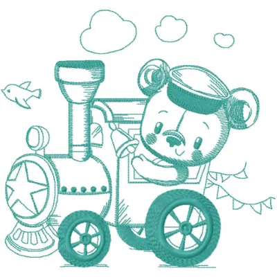 Teddy train embroidery design featuring cute bears riding in connected cars
