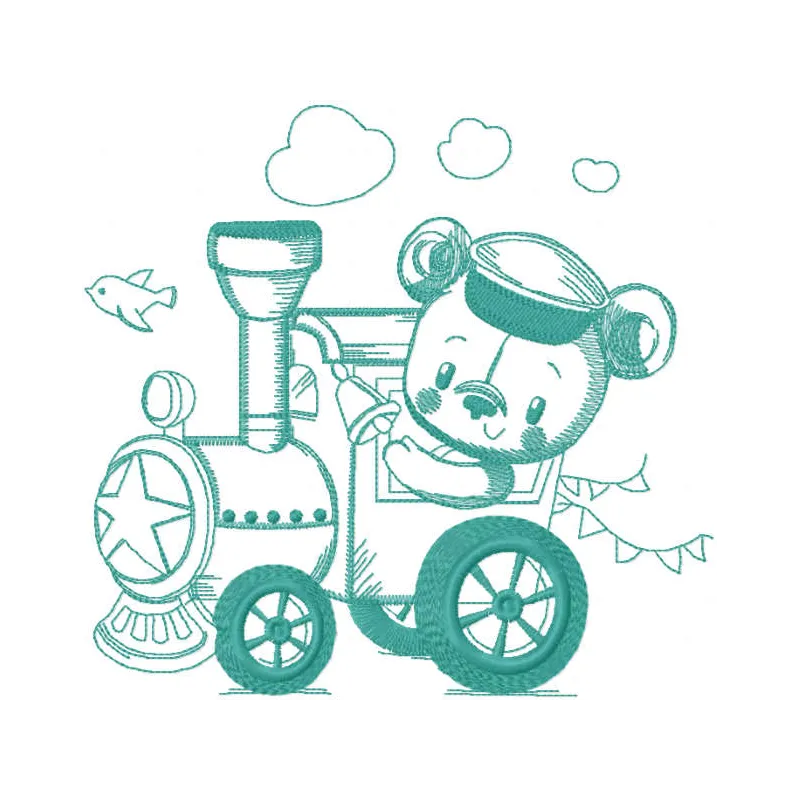Teddy train embroidery design featuring cute bears riding in connected cars