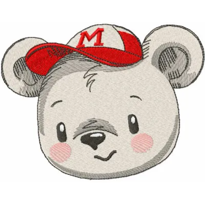 Teddy bear embroidery design displayed on a baseball cap