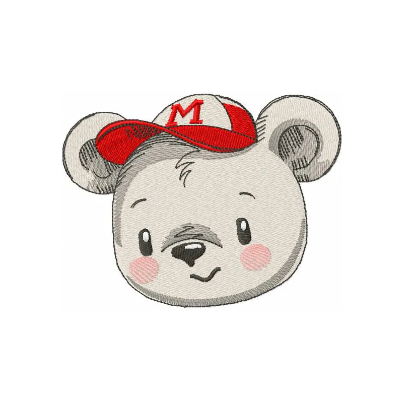 Teddy bear embroidery design displayed on a baseball cap