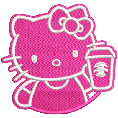 Hello Kitty with coffee cup embroidery design preview showing stitched pattern