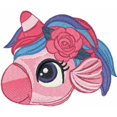Sea unicorn head embroidery design featuring a magical underwater creature with horn and flowing mane