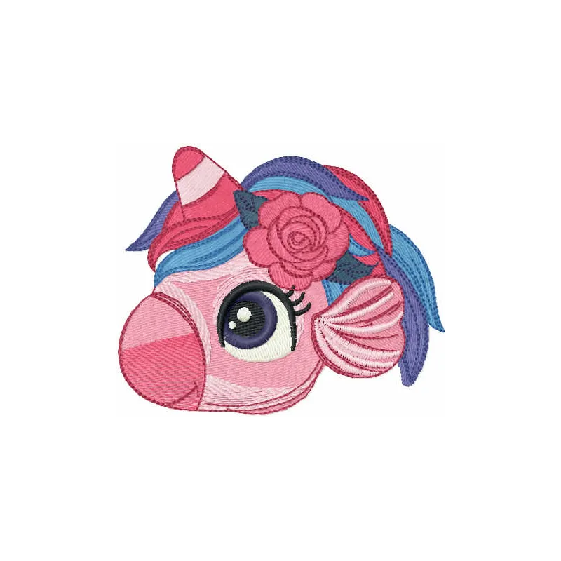 Sea unicorn head embroidery design featuring a magical underwater creature with horn and flowing mane
