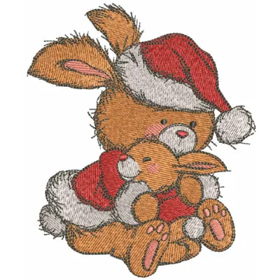 Bunnies Christmas hugs embroidery design featuring festive rabbits embracing with holiday details