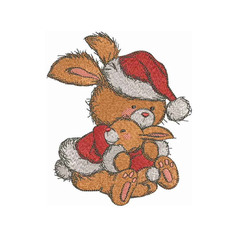 Bunnies Christmas hugs embroidery design featuring festive rabbits embracing with holiday details