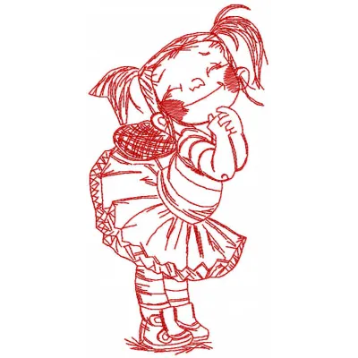 Redwork happy girl embroidery design preview showing cheerful stitching pattern