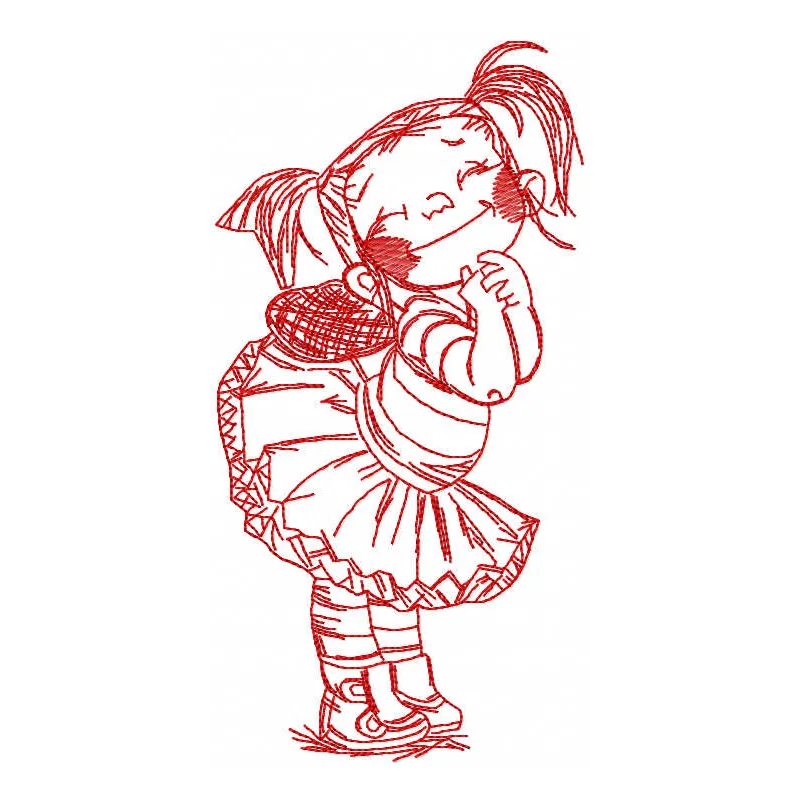 Redwork happy girl embroidery design preview showing cheerful stitching pattern