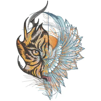 Detailed tiger wings embroidery design showcasing intricate patterns and vibrant colors on fabric.
