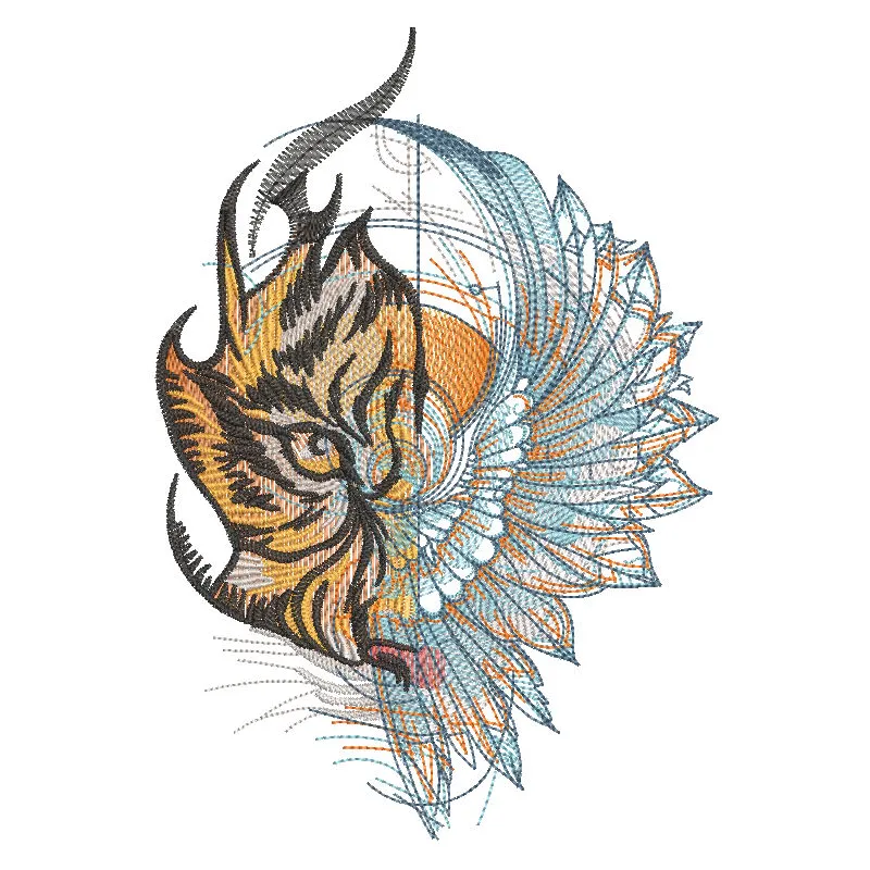 Detailed tiger wings embroidery design showcasing intricate patterns and vibrant colors on fabric.